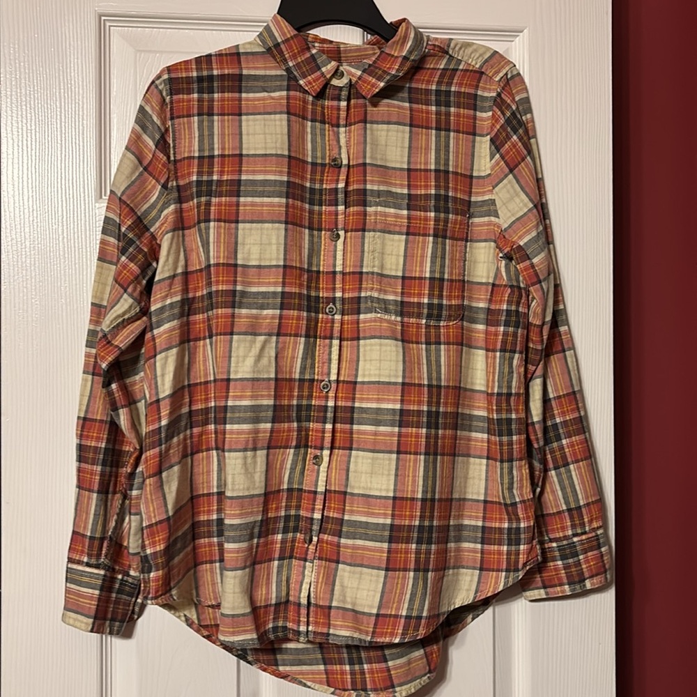 So Cozy Flannel Shirt large pinkish, blueish grey, golden yellow and cream plaid